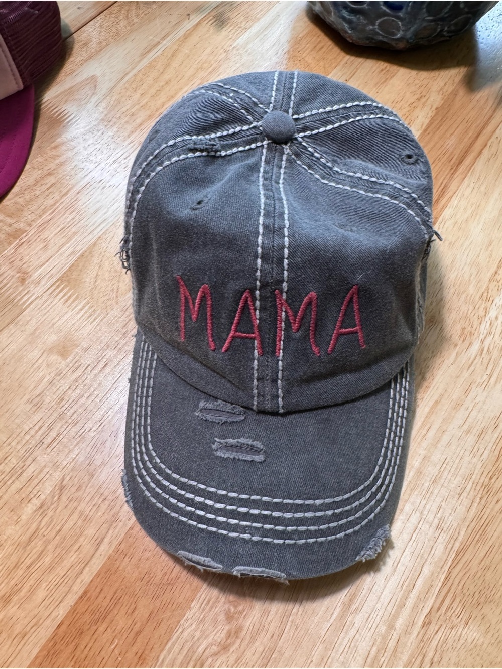 Mama Embroidered Kids Cap - Gray with Pink Lettering